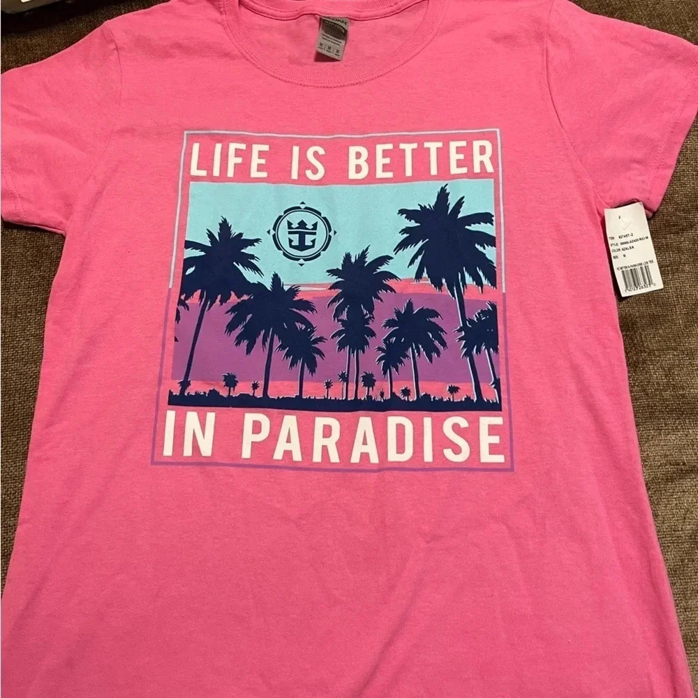 NWT “Life is Better in Paradise” Pink T-Shirt with Palm Trees